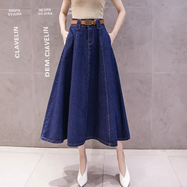 High Waisted Slimming Solid Color Patchwork Mid Length Skirt Dark Blue - Shop at LoveMi
