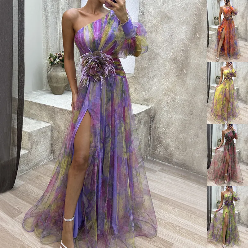 Mesh Tie-dye Printed Off-shoulder Slit Dress Summer INS Fashion