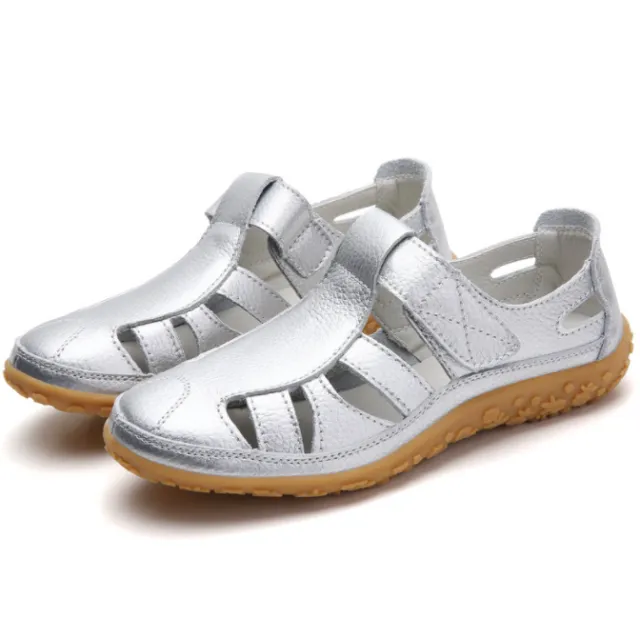 Handmade Vintage Leather Sandals Comfortable Soft Sole Mom Shoes Silver - Shop at LoveMi