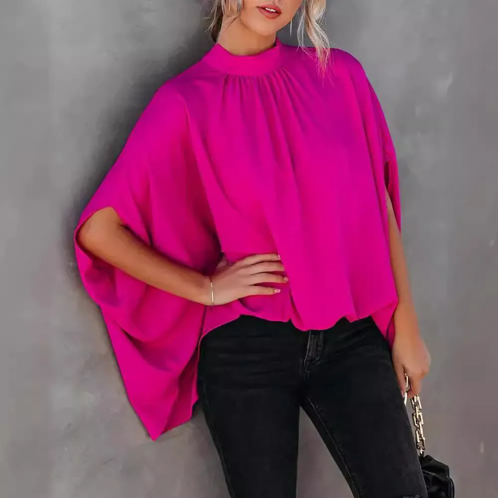 Women's New Casual Fashion Digital Print Split Doll Sleeve T-Shirt - Rose Red
