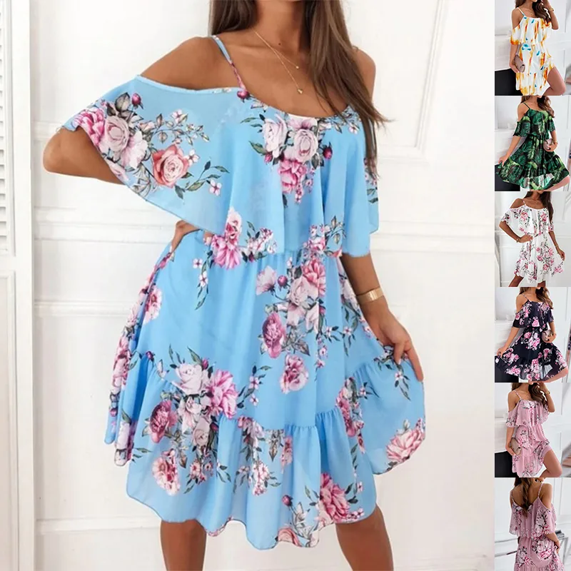 Flower Printed Ruffled Suspender Dress Summer Off-the-shoulder Strap Dresses