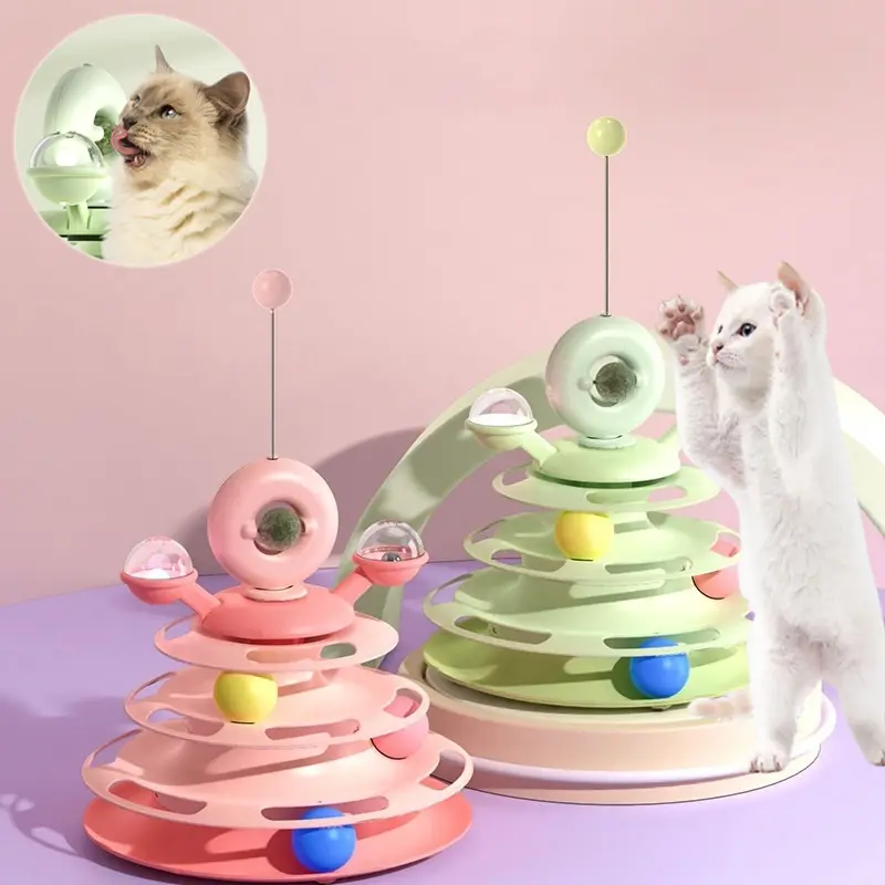 4 Levels Cat Toy Tower Turntable Roller Balls Toys Interactive Intelligence Pets Toys Training Track Puzzle Funny Games Accessories Pet Products