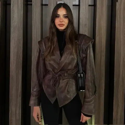 All-match Retro Green Collar Single-breasted with Belt Leather Coat