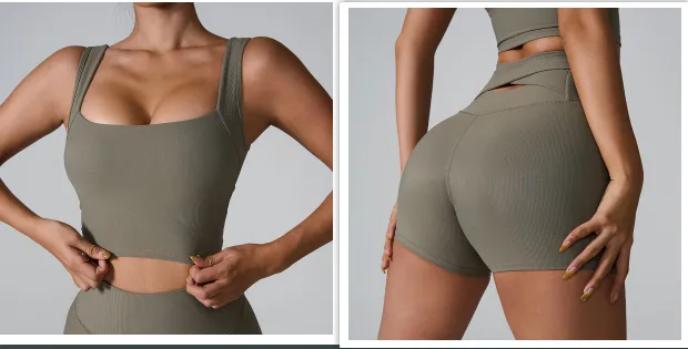 Quick-drying Fitness Vest One-piece Back Hollow Shockproof Yoga Clothes - Gray Green Suit
