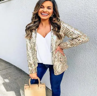 Sequined Long Sleeve Elegant Small Blazer Gold2 - Shop at LoveMi