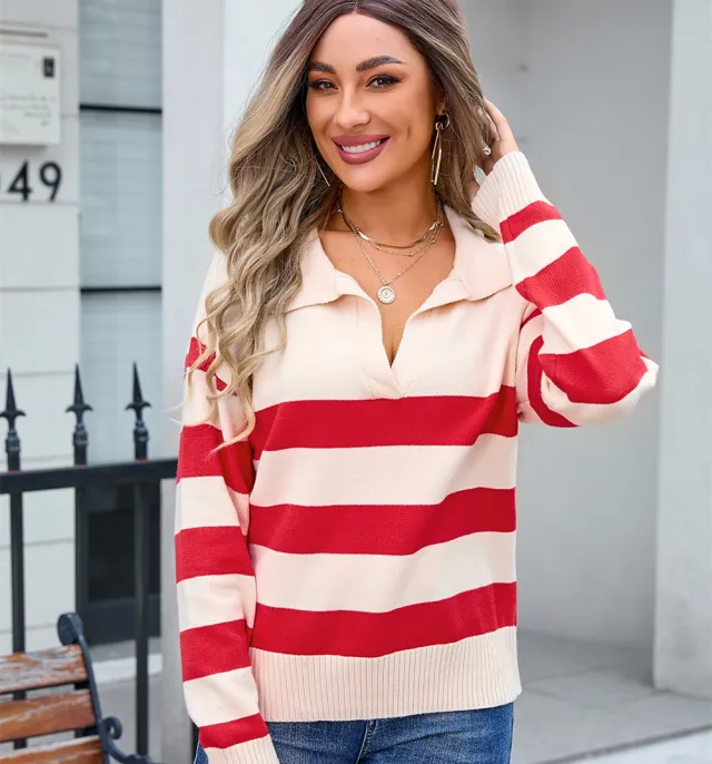 Women's Sweater Striped Stitching PLOL Collar Apricot And Red - Shop at LoveMi