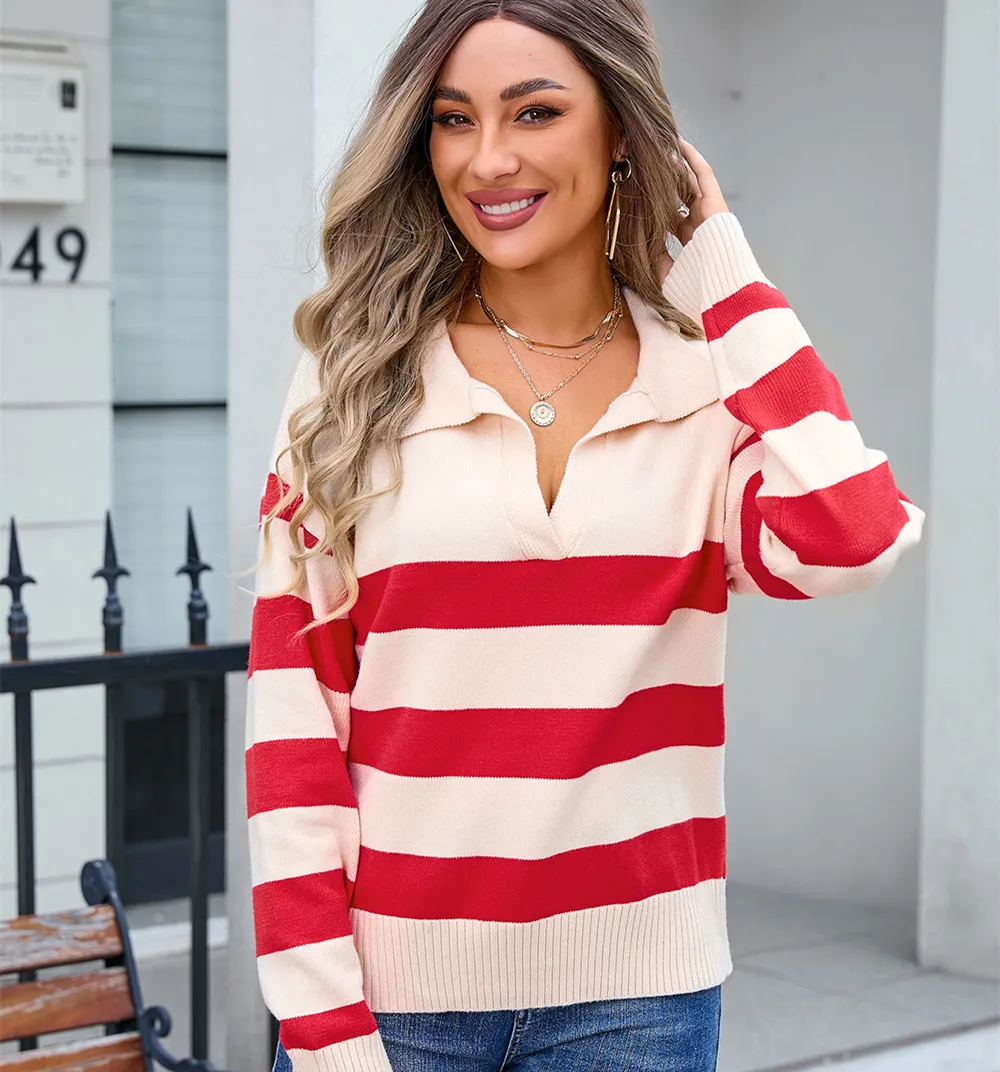 Women's Sweater Striped Stitching PLOL Collar - Apricot And Red
