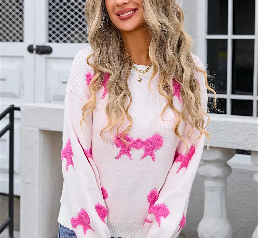 Women's Round-collar Long-sleeve Knitwear Bow - Rose Red