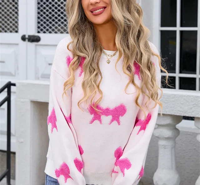 Women's Round collar Long sleeve Knitwear Bow Rose Red - Shop at LoveMi