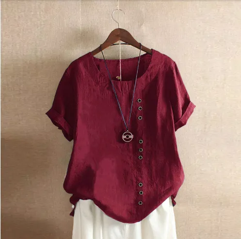 Retro Plus Size Casual Loose CottonAnd LinenShort Sleeves Red - Shop at LoveMi