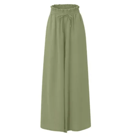 Women's Fashion Wide Leg Elastic Waistband Wide Leg High Waist Long Dress Pants Flaxseed Green - Shop at LoveMi