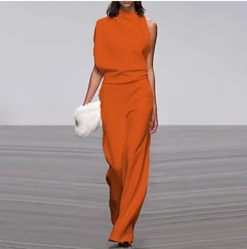 One shoulder Sleeve Casual Commuter Jumpsuit Orange - Shop at LoveMi