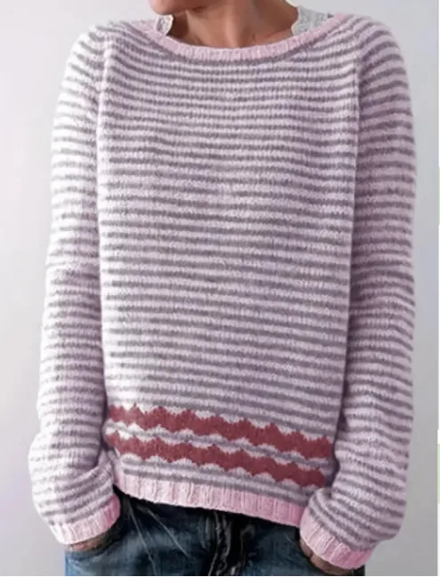 Round Neck Color Contrast Loose Fashion Pullover Pink Stripes - Shop at LoveMi