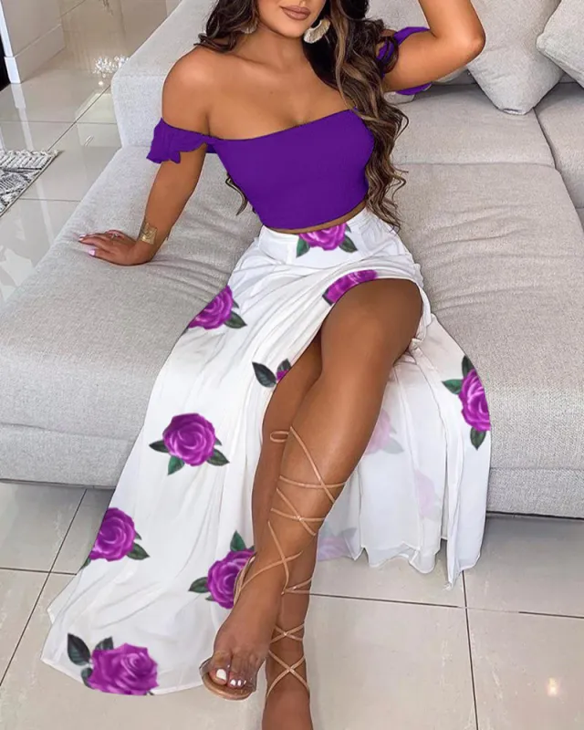 Summer Slim French Bohemian Print Mid Length Retro Tube Top Suit Dress Women Purple - Shop at LoveMi