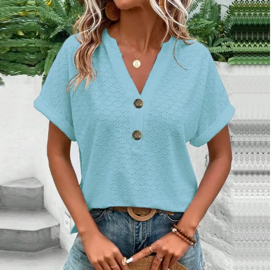 Women's Fashion Casual Solid Color Buttons V neck T shirt Women Blue - Shop at LoveMi
