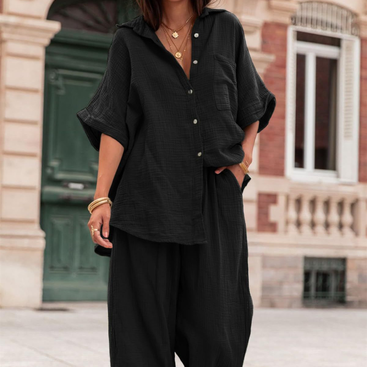 Cotton And Linen Chiffon Suit Short Sleeve Women's Clothing