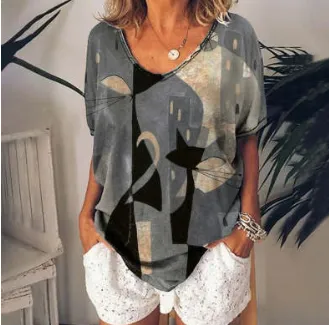 Europe And America Cross Border 3D Printed T shirt Loose V neck Pullover Short Sleeve Top For Women Stjndx84003368 - Shop at LoveMi