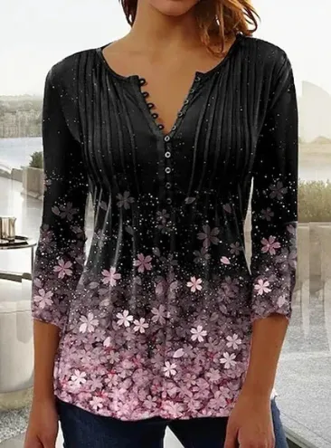 Women's Floral Printed V neck Short Sleeve Button T shirt Black - Shop at LoveMi
