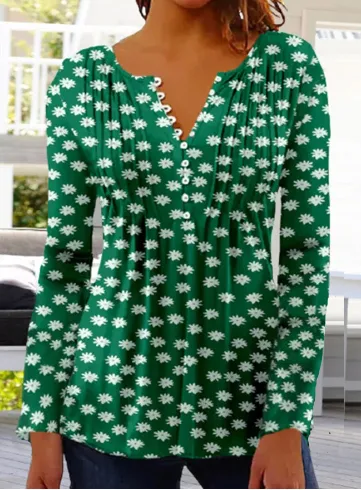 Women's Floral Printed V neck Short Sleeve Button T shirt Dark Green - Shop at LoveMi