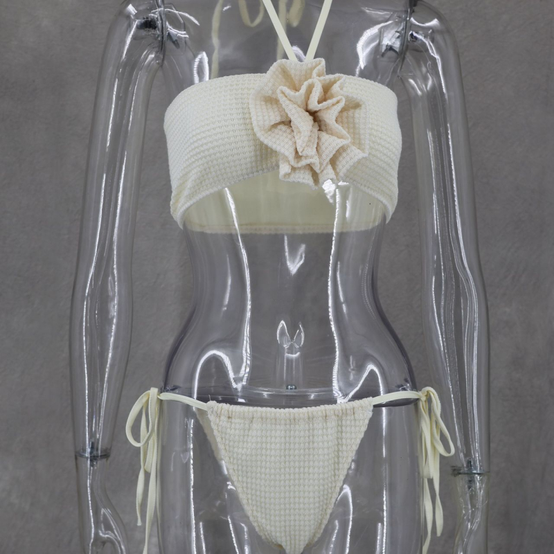 Girl Apricot Sleeveless Tube Top Hanging Collar Knitted Slit High Waist Skirt Three-piece Set