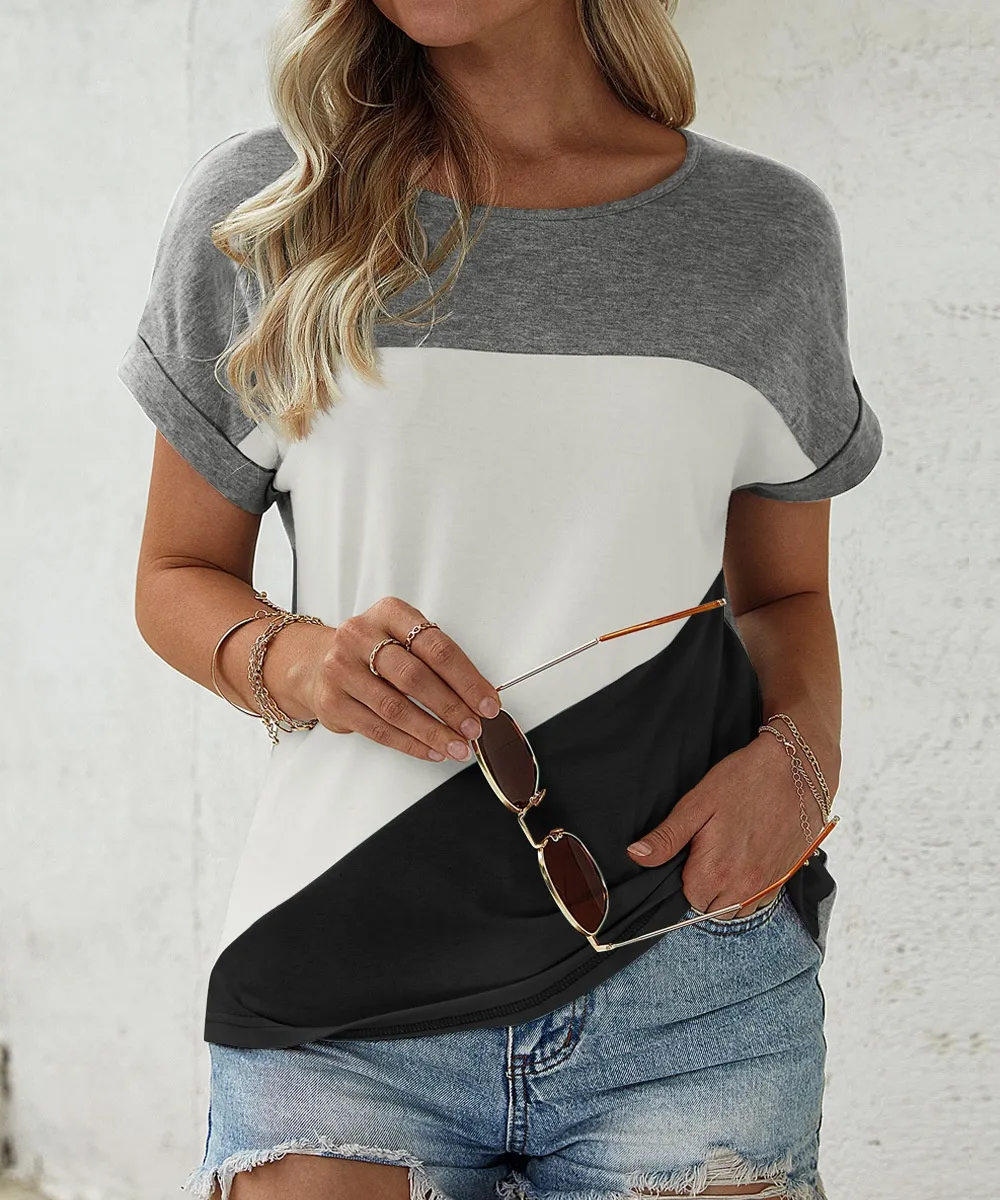 Women's Short Sleeve Loose Top Printed Drop Shoulder - Qr27131-L