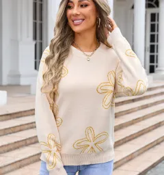 Women's Plus Size Sweater Flower Long Sleeve Round Neck - Yellow - View 1