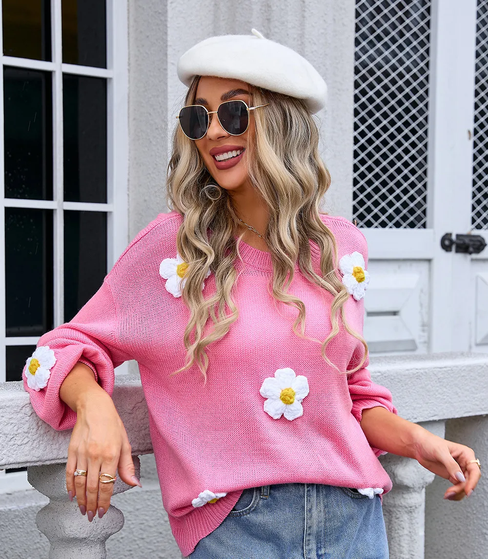Women's Pullover Flower Sweater Round Neck Long Sleeve - Rose Red