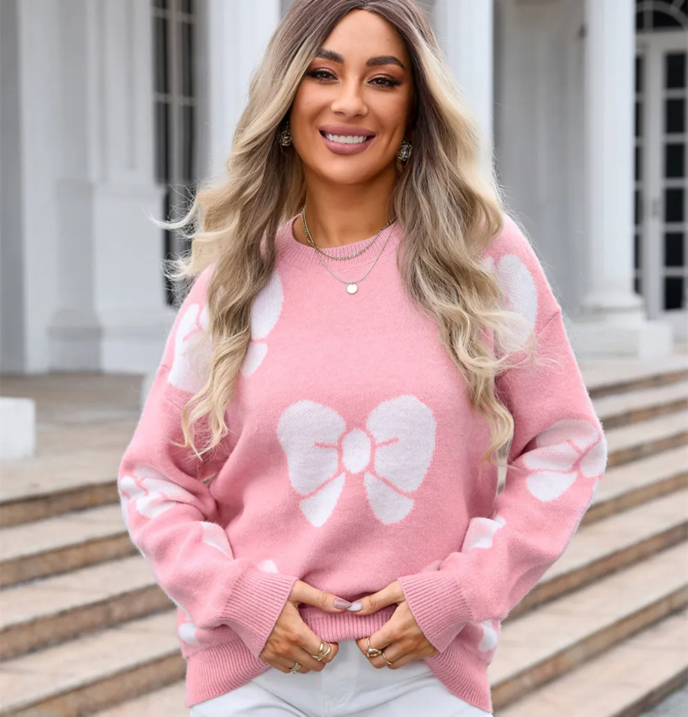 Women's Plus Size Loose Bow Sweater Pullover - Pink