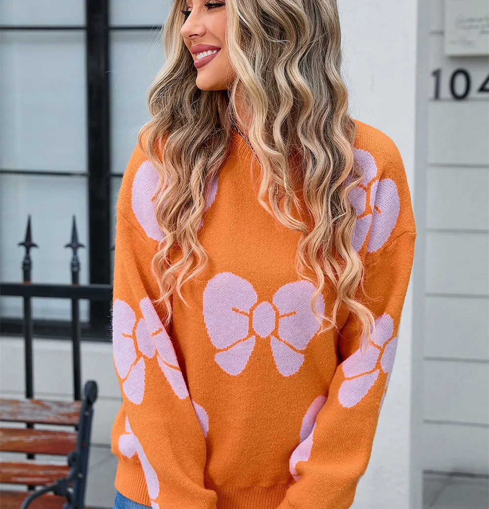 Women's Plus Size Loose Bow Sweater Pullover - Yellow