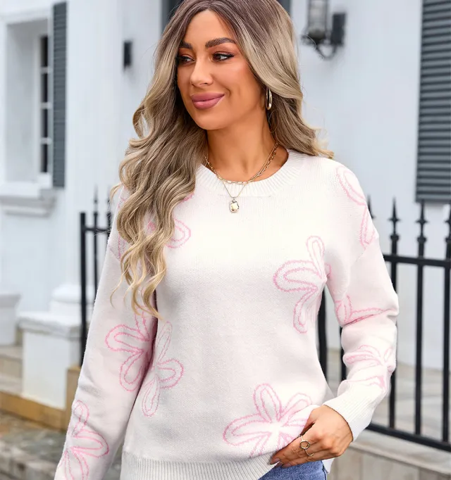 Women's Plus Size Sweater Flower Long Sleeve Round Neck White - Shop at LoveMi