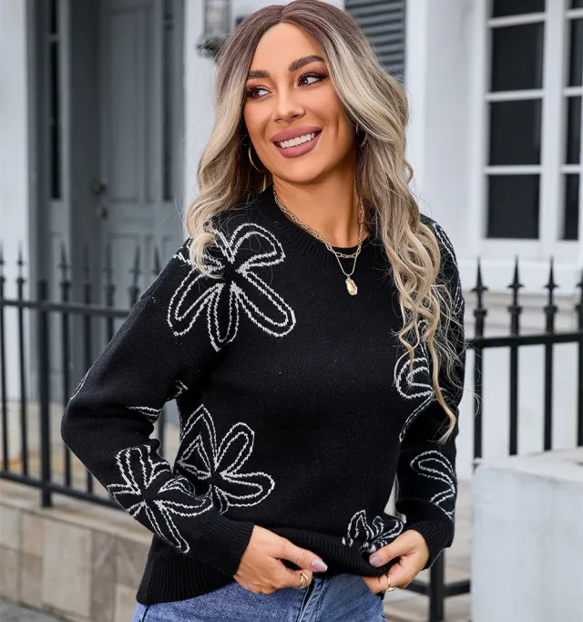 Women's Plus Size Sweater Flower Long Sleeve Round Neck Black - Shop at LoveMi