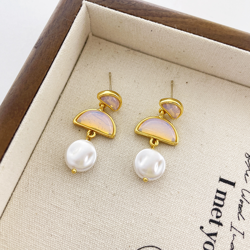 Natural Stone 925 Silver Pin Earrings Multi-layer Semicircle