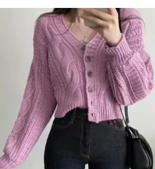 Women's Short Twist Lantern Sleeve Sweater Coat Purple - Shop at LoveMi