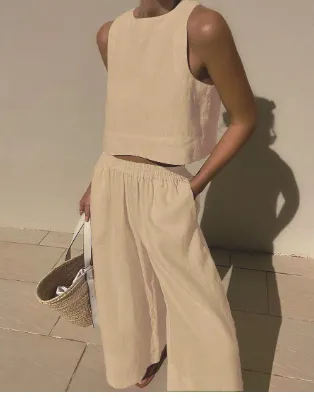 Loose Solid Color Sleeveless Shirt And Trousers Two piece Set Khaki - Shop at LoveMi