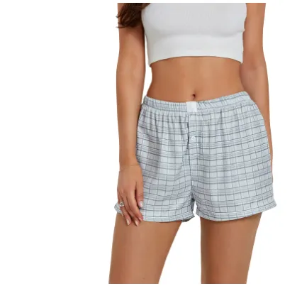 Women's Casual Plaid Cotton Arrow Pants Loose Four corner Button Shorts Dark Grey - Shop at LoveMi