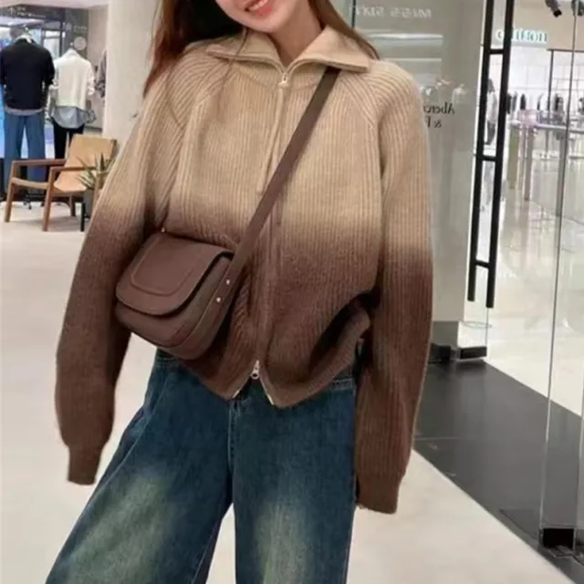 Gradient Color Elegant Knitted Cardigan Lapel Loose Zip Slimming Sweater Khaki - Shop at LoveMi