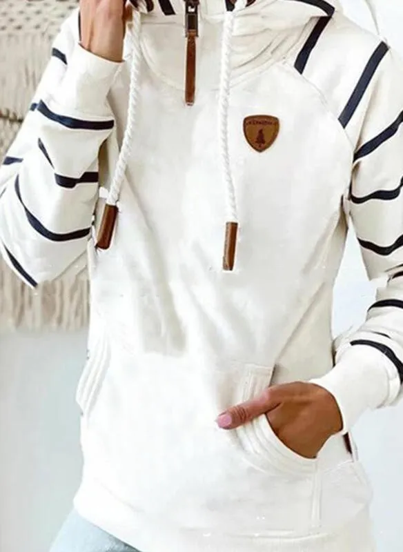 Contrast Color Striped Turtleneck Pocket Women's Sweater - White