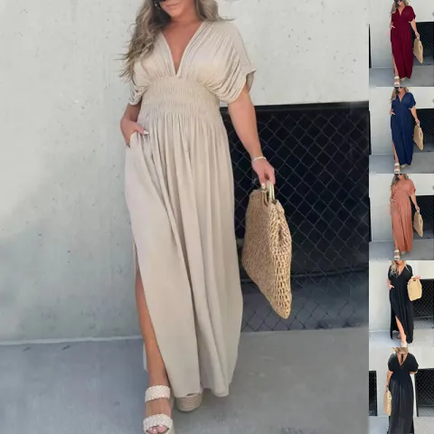Fashion Bat-sleeved V-neck Slit Dress Summer Short Sleeve Elastic