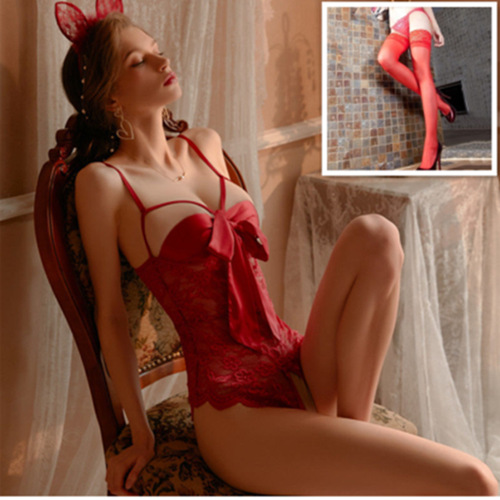 Erotic Lingerie Lace Perspective Temptation Jumpsuit Bow Red Stockings Set - Shop at LoveMi