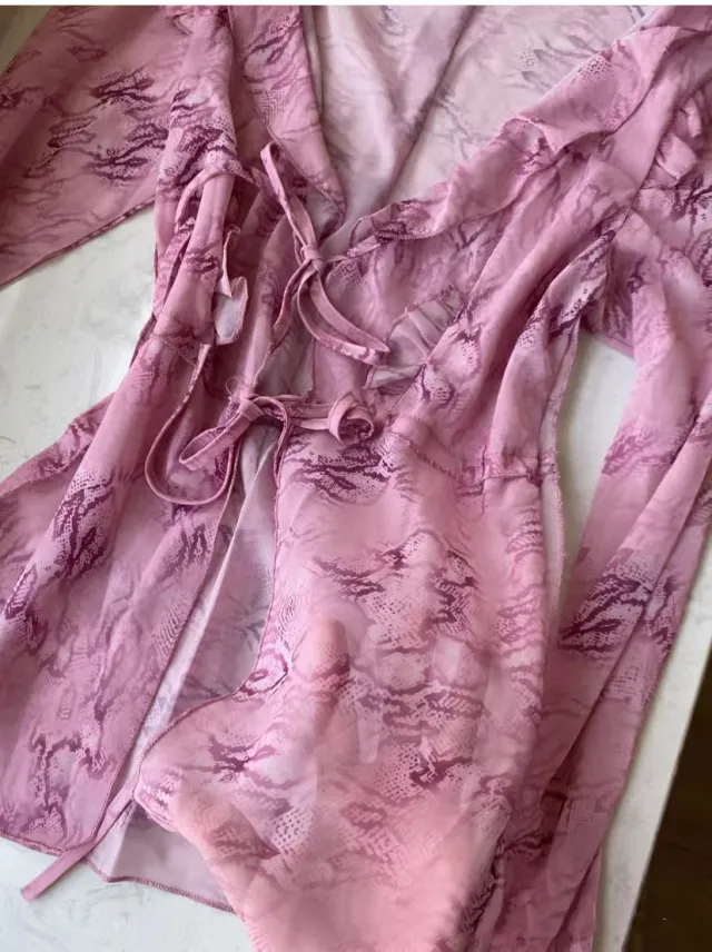 Women's Long Sleeve Tied See through Printed Top Skirt Suit Pink - Shop at LoveMi
