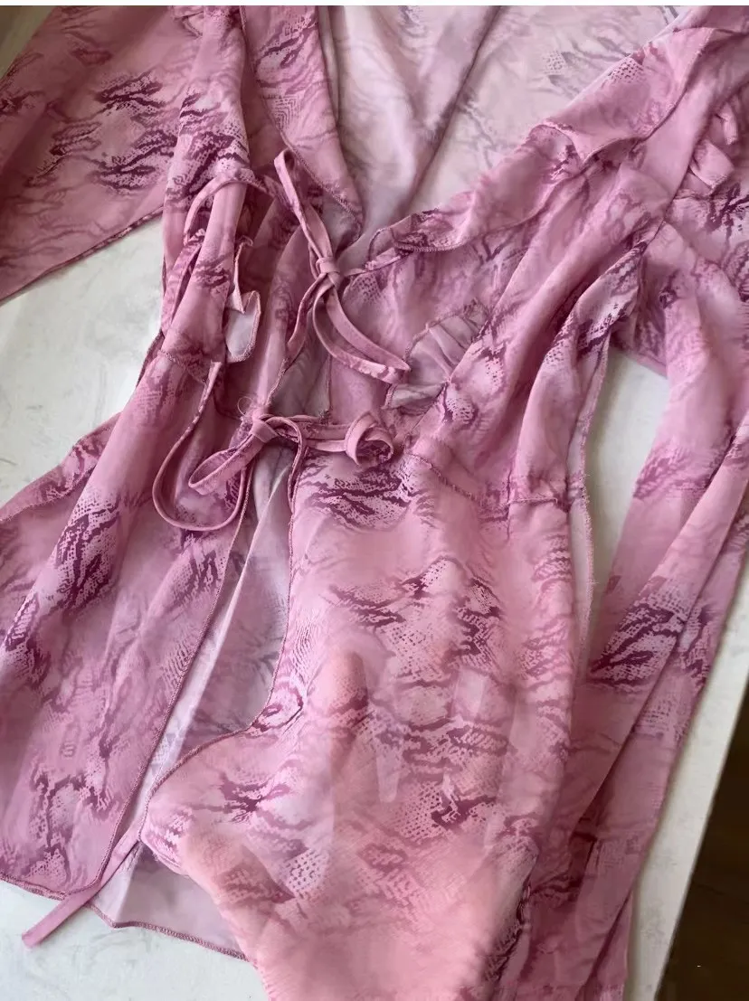 Women's Long Sleeve Tied See-through Printed Top Skirt Suit - Pink