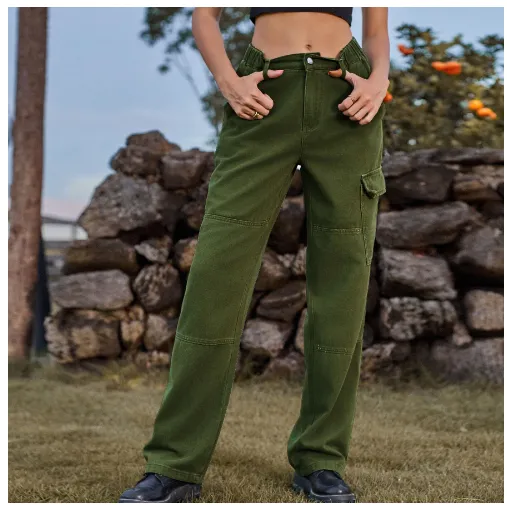 Women's Loose High waist Straight leg Casual Trousers Army Green - Shop at LoveMi