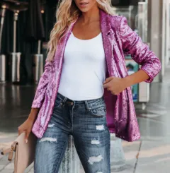 Sequined Long Sleeve Elegant Small Blazer - Purple - View 1