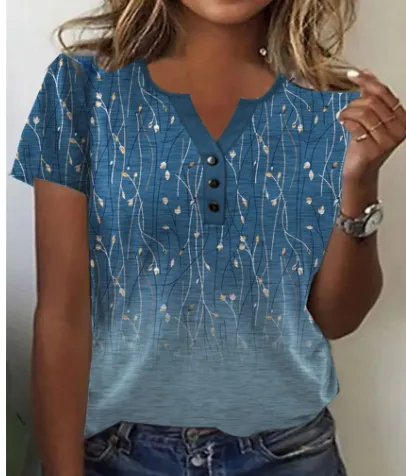 Casual V Neck Short Sleeved Regular Blue - Shop at LoveMi