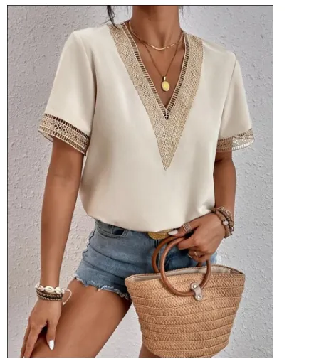 Women's Fashion Simple Lace V neck Patchwork Solid Color Underwear Top Apricot1 - Shop at LoveMi
