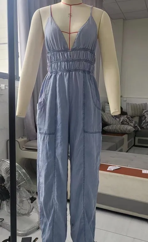 Women's Casual Stylish Adjustable Elastic Waist Loose Jumpsuit Blue - Shop at LoveMi