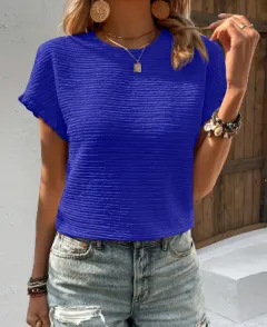 Women's Knitwear Casual Top Round Neck T-shirt - Royal-L - View 1