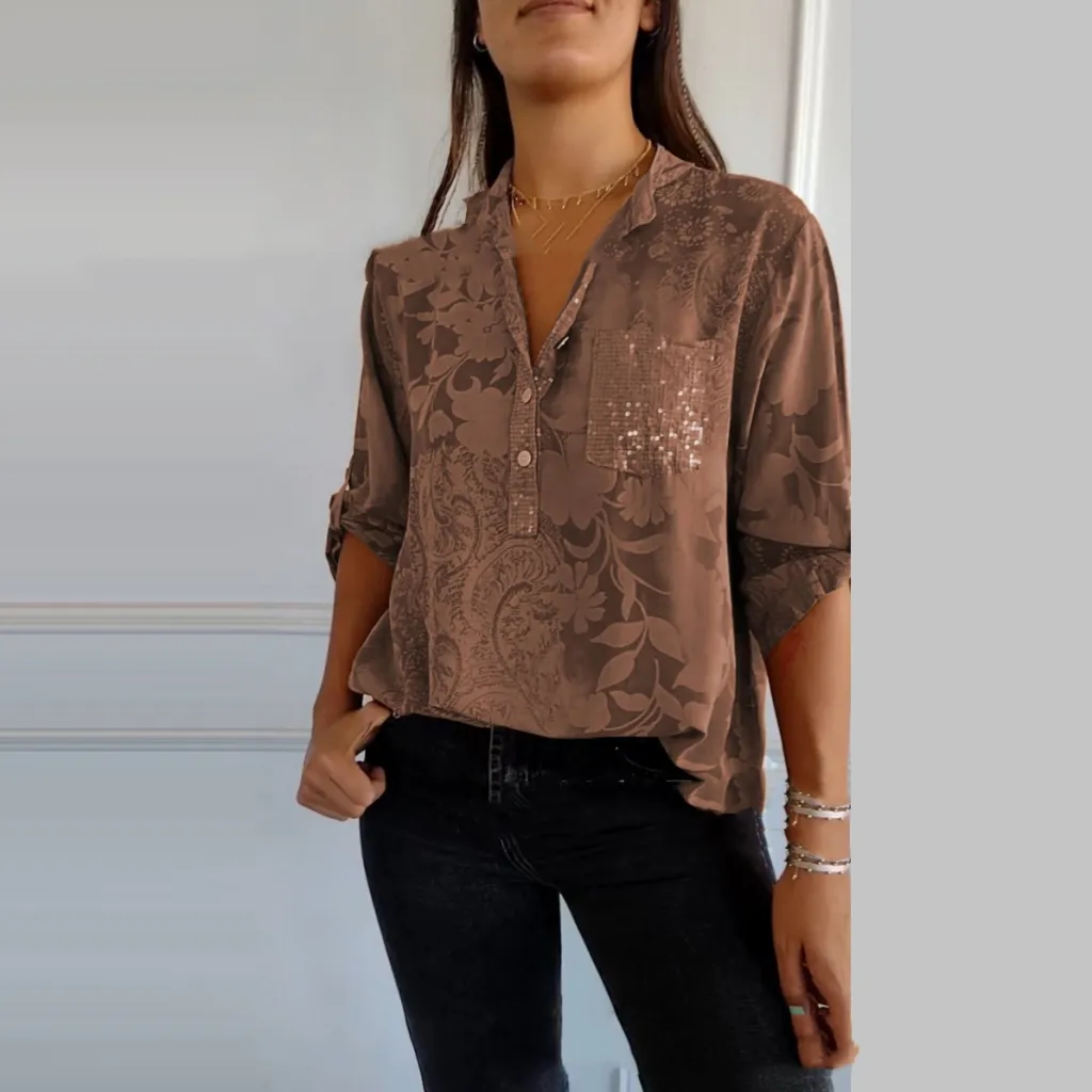 European And American Women's Clothing Fashion Elegant Printed Shirt Top - Khaki
