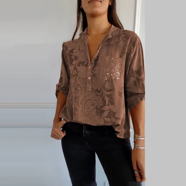European And American Women's Clothing Fashion Elegant Printed Shirt Top Khaki - Shop at LoveMi