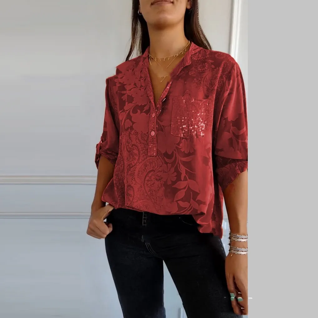 European And American Women's Clothing Fashion Elegant Printed Shirt Top - Red
